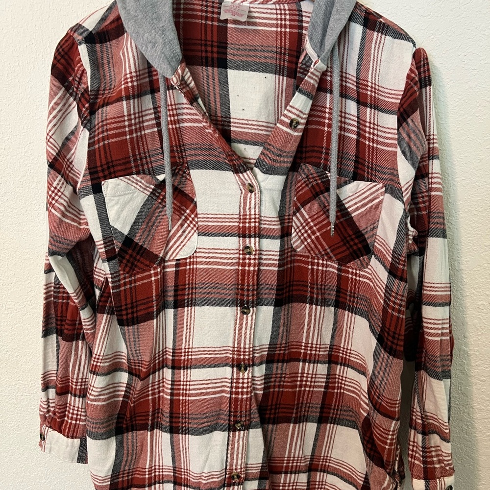Rust Flannel Button Down Hoodie